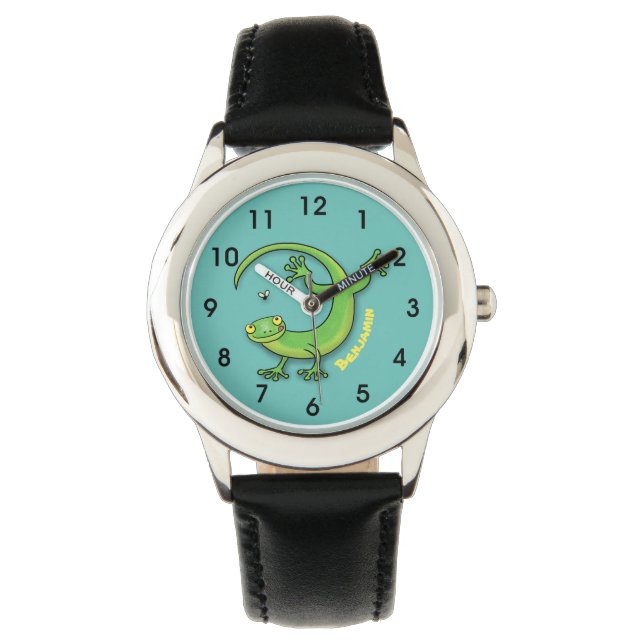 Montre Joli gecko vert salutations avec dessin animé (devant)