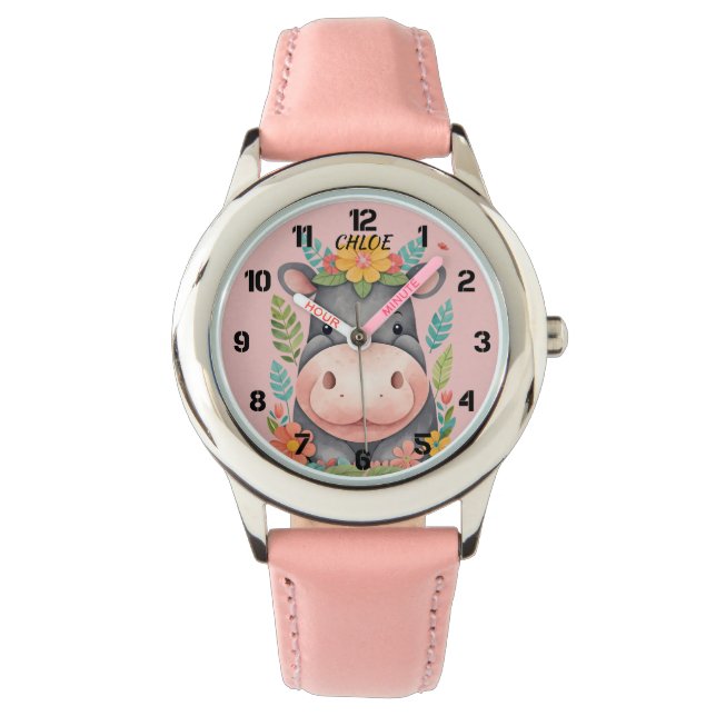 Montre Joli Hippopotame Floral Enfants (devant)
