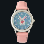 Montre Joli Lapin Blanc Avec Coeur Personnalisé<br><div class="desc">Adorable lapin blanc tenant un coeur rouge avec des fleurs de printemps et des coeurs roses au-dessus.</div>