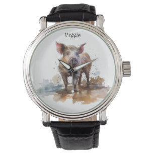 Montre Joli petit cochon jouant dans l'aquarelle de boue