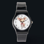 Montre Joli renne de Noël<br><div class="desc">Une montre avec l'illustration d'un adorable cerf de bébé. Grands yeux grands oreilles avec une grande tête et des petits bois bruns. Portant un gros arc rouge.</div>