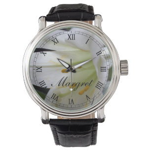 Montre Jolie fleur de lys de Pâques blanche en noir