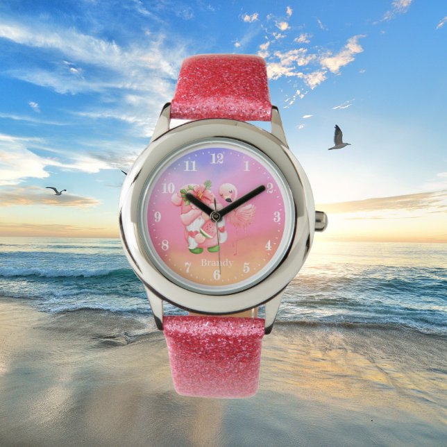 Montre jolie plage gnome rose flamingo ajouter nom enfant (Créateur téléchargé)