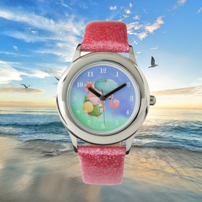 Montre jolie plage gnome rose flamingo ajouter nom enfant (Créateur téléchargé)