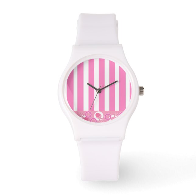 Montre Jouer en bandes rose et blanche (Recto)