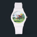 Montre Joueur de football à la balle par Jay Throckmorton<br><div class="desc">Un ballon de football est suspendu dans l'air,  en attendant le coup de pied vicieux que le joueur est en train de livrer. Peut-il plier comme Beckham ? Un joli morceau à accrocher sur votre mur ou à offrir en cadeau aux amateurs de football de votre vie!</div>
