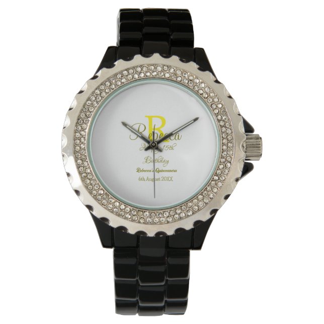 Montre Joyeux 15e anniversaire jaune ajouter nom monogram (devant)