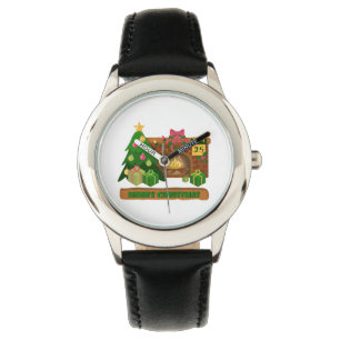 Montre Joyeux Noël près de la cheminée bonfire xmas arbre