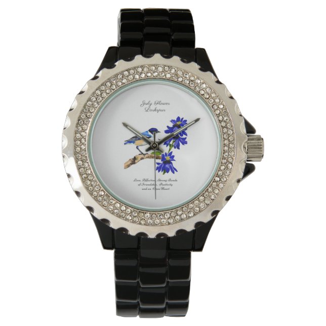 Montre Juillet Mois de naissance Fleur Bluebird et Larksp (devant)