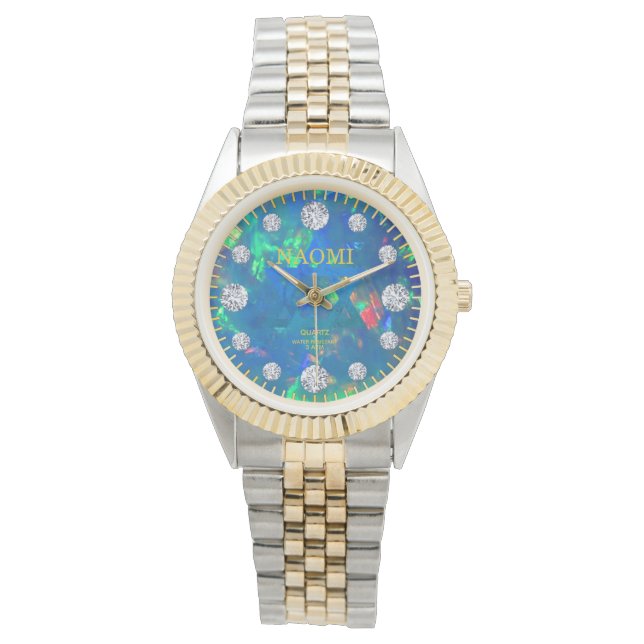 Montre Jupiter Blue Sea Fire Opal Diamant Nom personnalis (devant)
