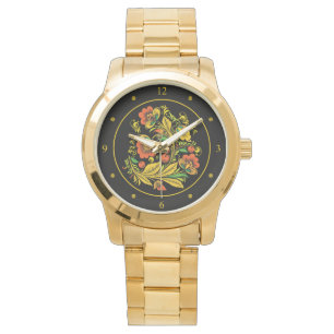 Montre Khokhloma ~ Art folklorique russe ~ Fleurs rouges/