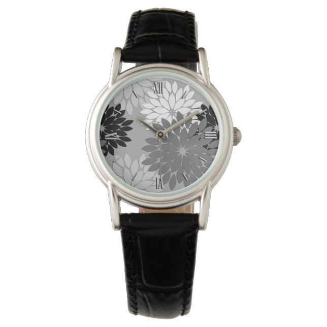 Montre Kimono floral moderne Imprimer, gris, noir et blan (devant)