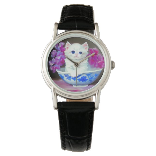 Montre Kitten blanc vintage aux fleurs roses (devant)