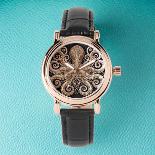 Montre Kraken Steampunk Octopus Ornate Gold Noir