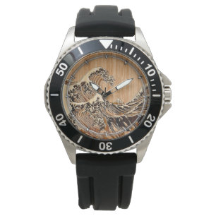 Montre La grande vague de Hokusai en bambou en bois