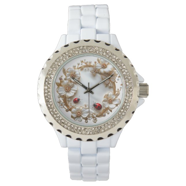 Montre Ladybugs Fleurs blanches Papillon diamant (devant)