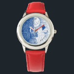 Montre Laissez le soleil briller en rouge<br><div class="desc">Cette montre fantaisiste montre une jeune fille ouvrant sa porte au soleil. Il peut être personnalisé avec une ligne de texte. Un grand cadeau pour n'importe quelle fille.</div>