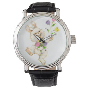 Montre Lapin de Pâques avec dessin animé de fleurs