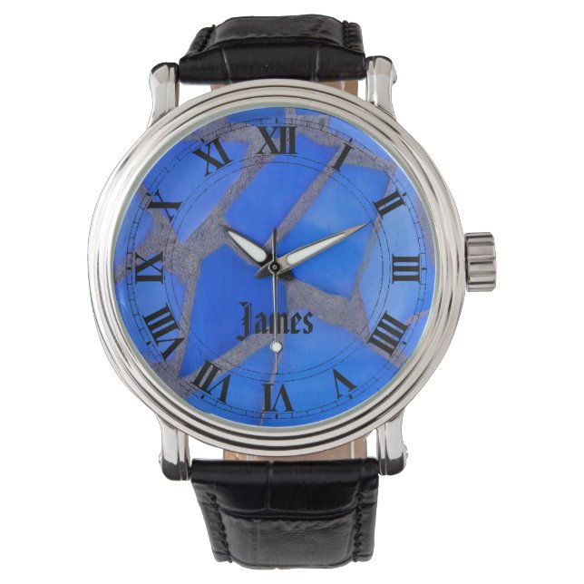 Montre Lapis Blue Mosaic Vitrail et votre nom (devant)