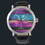 Montre Le nom de Brush Strokes<br><div class="desc">Purple,  or,  rose et Blue Glitter et Stars Brush Strokes with DIY Name in white script on a black background. Makes a great venin.</div>