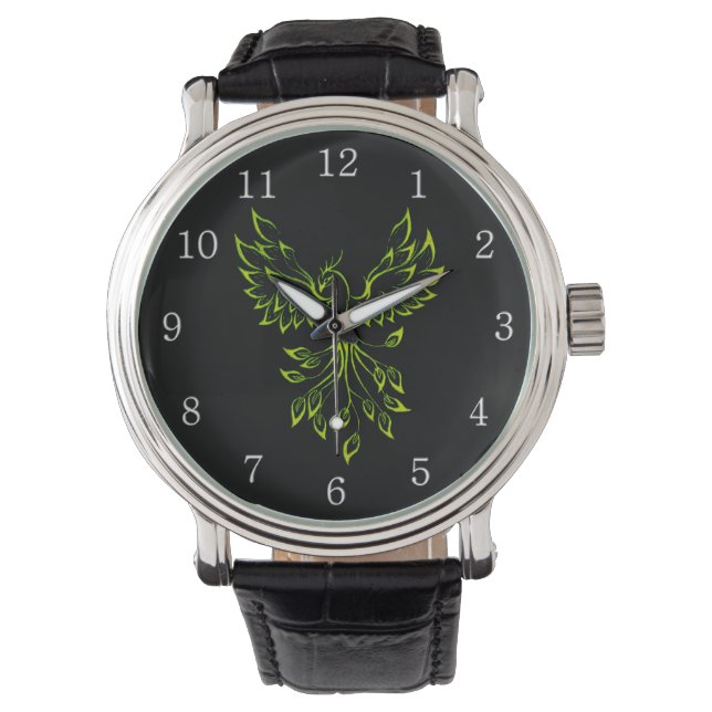 Montre Le Phoenix vert se lève sur le noir w blanc chiffr (devant)