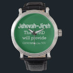 Montre Le Seigneur Fournira La Bible Verse Vert Foncé<br><div class="desc">Cette belle montre porte l'un des noms de Dieu,  l'Éternel-Jireh,  qui signifie que le Seigneur fournira,  avec le verset biblique accompagnant le livre de la Genèse.</div>