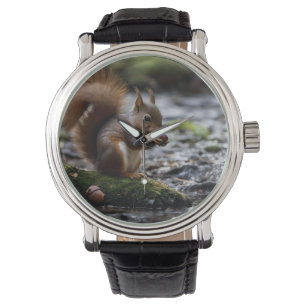 Montre L'Écureuil Au Bord De La Rivière Mangeant Un Maïs,