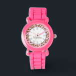 Montre Leopard poster de animal rose nom bracelet<br><div class="desc">Une montre de style empreinte de léopard unique dans les tons brun rose. Customisez avec votre nom. Cet exemple montre Alyssia. Uniquement conçu par Sarah Trett.</div>