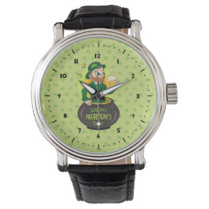 Montre Leprechaun de dessin dans une casserole d'or tenan