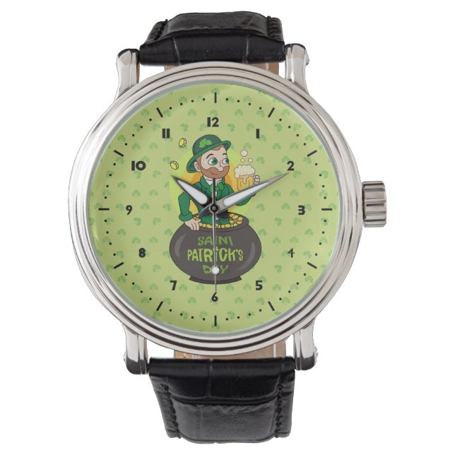 Montre Leprechaun de dessin dans une casserole d'or tenan (devant)