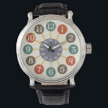 Montre les années 50 Retro Starburst atomique moderne Mid<br><div class="desc">Ce design amusant de montre à bracelet s'inspire des horloges atomiques rétro des années 1950. Les numéros beiges sont en rond dans les tons vintages orange, marron et bleu turquoise. Ils araignent vers l'extérieur d'un centre rond dans une teinte grise qui compte les secondes / minutes. C'est un design moderne,...</div>