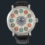 Montre les années 50 Retro Starburst atomique moderne Mid<br><div class="desc">Ce design amusant de montre à bracelet s'inspire des horloges atomiques rétro des années 1950. Les numéros beiges sont en rond dans les tons vintages orange, marron et bleu turquoise. Ils araignent vers l'extérieur d'un centre rond dans une teinte grise qui compte les secondes / minutes. C'est un design moderne,...</div>