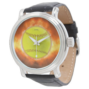 Montre Les flammes de balle rapide de softball jaune de S