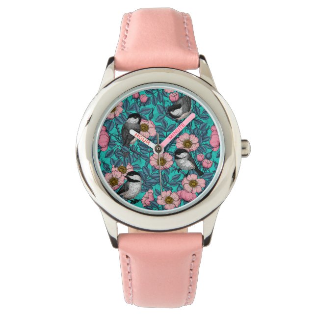 Montre Les poulets dans la nature rose, rose et bleu (devant)