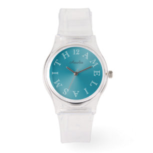 Montre Lettre blanche personnalisée Cadran bleu Turquoise