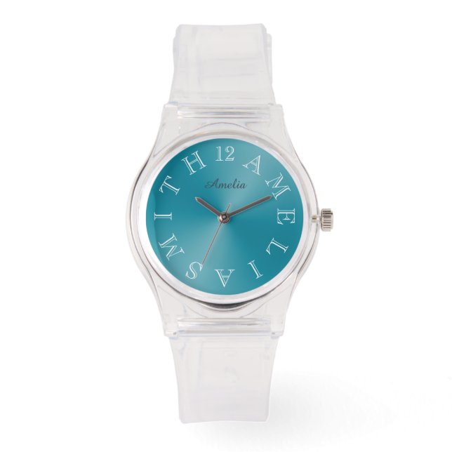Montre Lettre blanche personnalisée Cadran bleu Turquoise (Recto)
