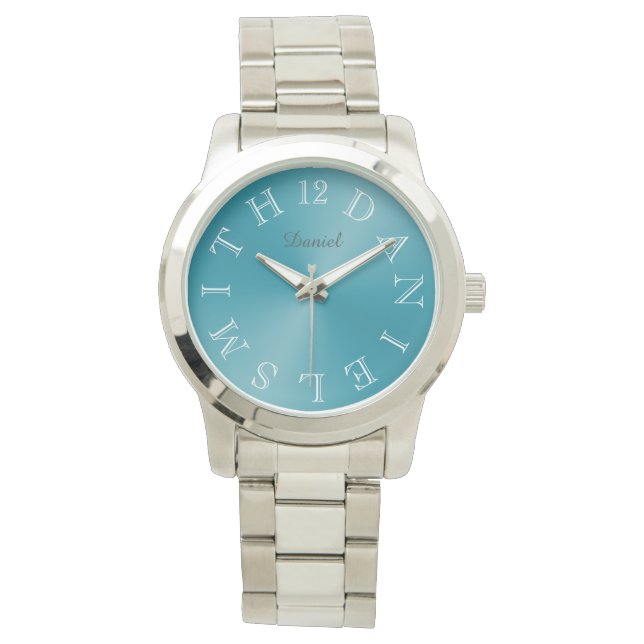 Montre Lettre blanche personnalisée Cadran bleu Turquoise (devant)