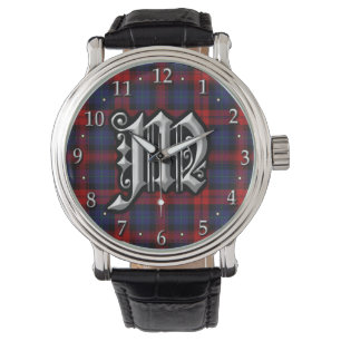 Montre Lettre Clan MacLachlan M Monogramme Tartan Bleu Ro