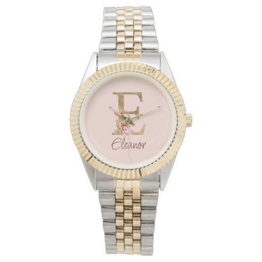Montre Lettre de nom personnalisée E Roses roses blush fe (devant)