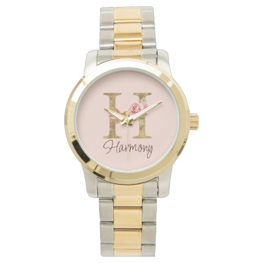 Montre Lettre de nom personnalisée H Rose blush et feuill (devant)