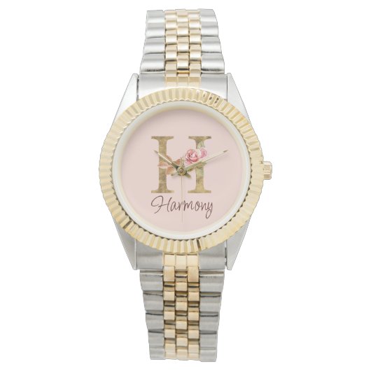 Montre Lettre de nom personnalisée H Rose blush et feuill (devant)