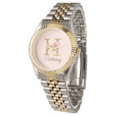 Montre Lettre de nom personnalisée H Rose blush et feuill (Incliné)