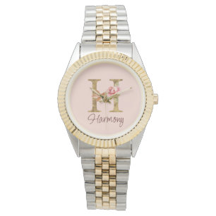 Montre Lettre de nom personnalisée H Roses roses blush en