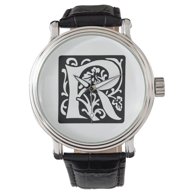 Montre Lettre médiévale R Monogramme noir et blanc (devant)