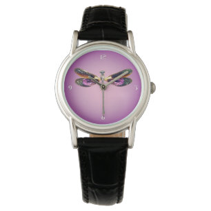 Montre Libellule - argent, or, pourpre et noir