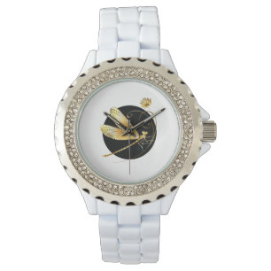 Montre libellule d'or en cercle noir