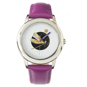 Montre libellule d'or en cercle noir