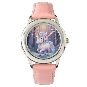Montre Licorne - Bracelet en cuir rose en acier in