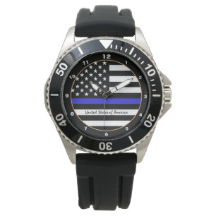 Montre Ligne Bleue Mince & Police américaine du Drapeau /