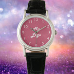 Montre Logo de l'entreprise rose magenta<br><div class="desc">Ajoutez votre propre logo d'entreprise. Une magnéta branchée,  arrière - plan rose foncé. Parfait pour promouvoir votre entreprise et votre marque. Numéros de visage de l'horloge blanche.</div>